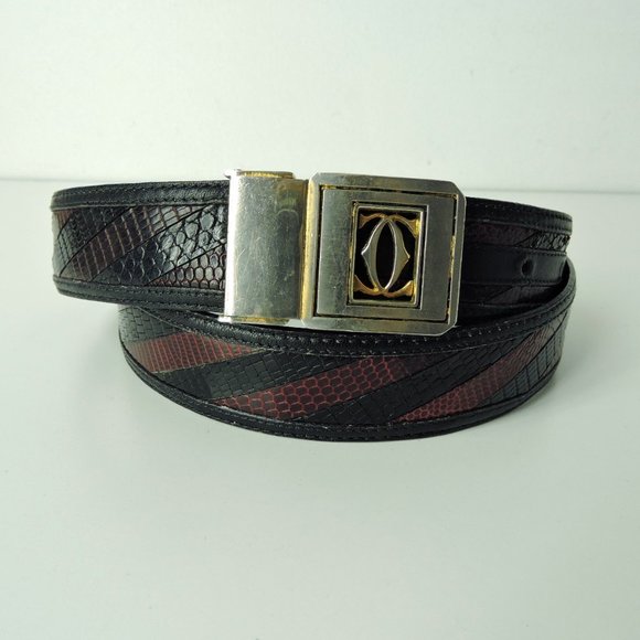 VTG Beltrami maroon black belt sz 32 / Cartier gold silver pin buckle made Italy - Picture 2 of 13